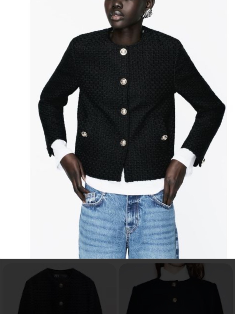 Zara Black Textured Cropped Blazer with Gold Buttons